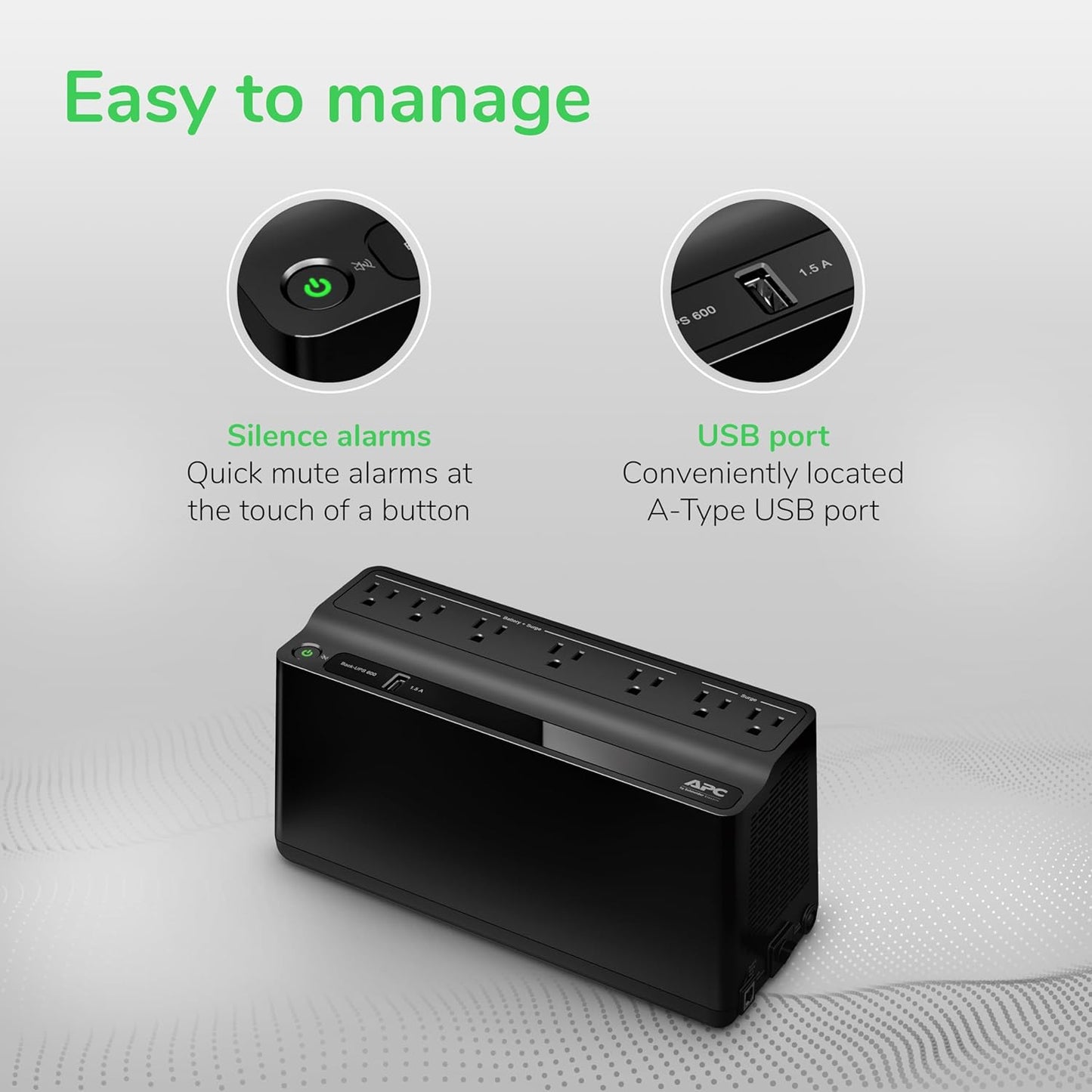 APC 600VA UPS Battery Backup & Surge Protector BE600M1 with USB Charging Port for Home & Office - PuriLite