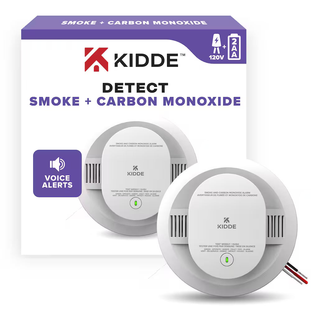 Kidde Hardwired Combination Smoke & Carbon Monoxide Alarm with Voice Alert and 2 AA Backup Batteries – Interconnected Smoke & CO Detector for Home Safety - PuriLite
