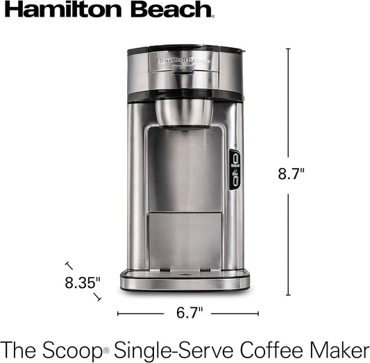 Hamilton Beach Scoop Single Serve Coffee Maker, Fast Brewing, Stainless Steel (49981A) - PuriLite