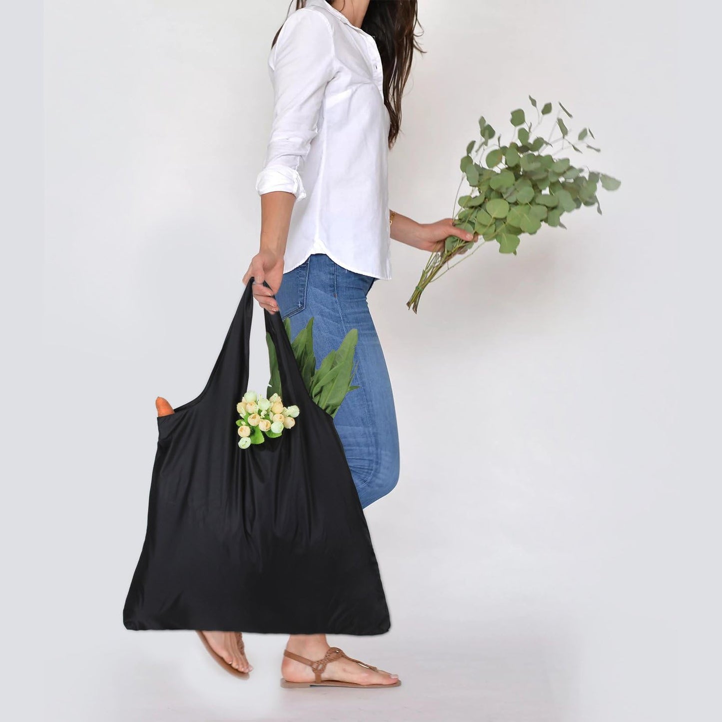 Luxja Reusable Shopping Bags Set of 3, Foldable Grocery Bags with Attached Pouch, Washable and Lightweight, Black