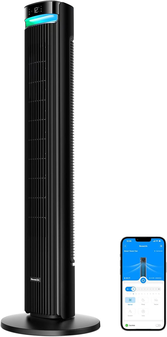 42'' Tower Fan for Bedroom, Smart Floor Fan with 150° Adjustable Oscillating, APP & Voice Control, 5 Modes 12 Speeds up to 26ft/s, 24H Timer, 27dB Quiet Fan for Cooling Home Office Black