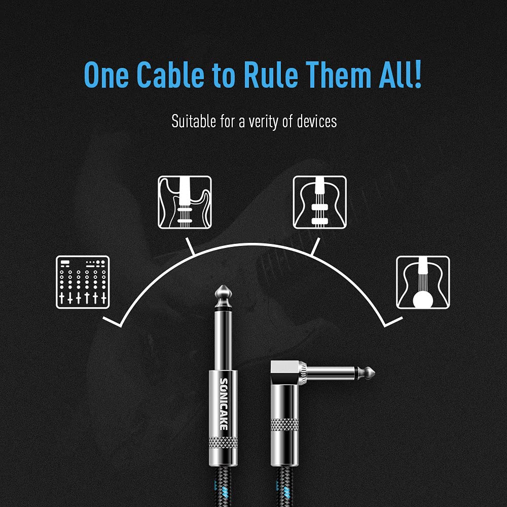 Guitar Cable 10ft Amp Cord for Guitar Bass Electric Guitar Instrument Electric Mandolin Amplifier Audio 1/4 Right Angle to Straight Black Blue