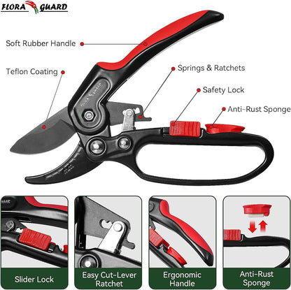 FLORA GUARD Garden Clippers, Professional Ratchet Pruning Shears, Increases Cutting Power 3X, Sharp Gardening Scissors, Cutting Rose, Flower, Hedge, Stem, Tree, Perfect for Weak Hands & Arthritis