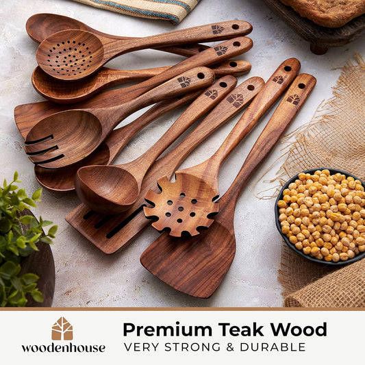 WOODENHOUSE 10-Piece Teak Wood Cooking Utensil Set for Nonstick Cookware – Natural Wooden Kitchen Tools, Heat Resistant & Durable - PuriLite