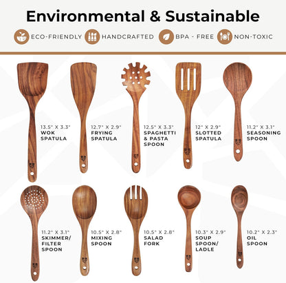 WOODENHOUSE 10-Piece Teak Wood Cooking Utensil Set for Nonstick Cookware – Natural Wooden Kitchen Tools, Heat Resistant & Durable - PuriLite