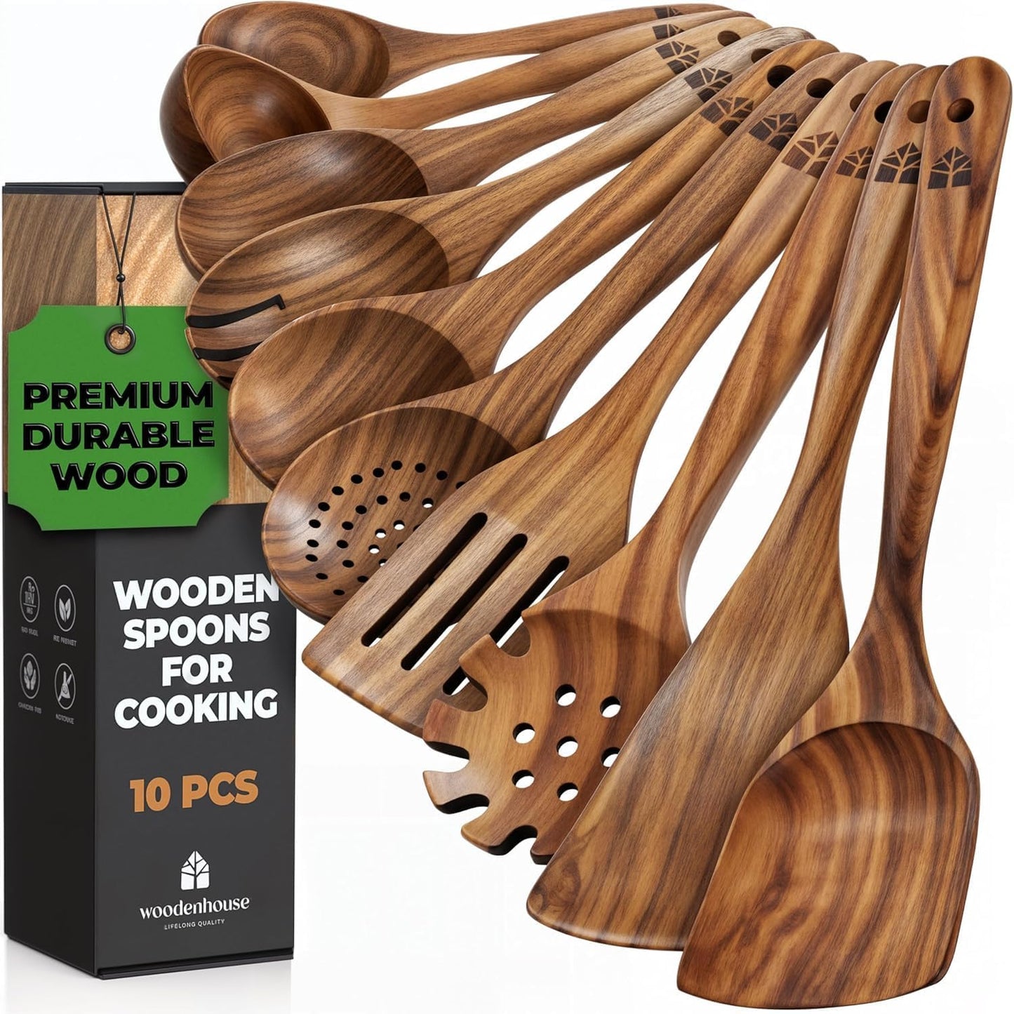 WOODENHOUSE 10-Piece Teak Wood Cooking Utensil Set for Nonstick Cookware – Natural Wooden Kitchen Tools, Heat Resistant & Durable - PuriLite