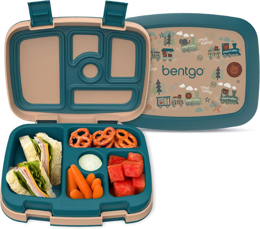 Bentgo Kids Prints Leak-Proof Bento Lunch Box with 5 Compartments, Durable Drop-Proof BPA-Free Food Container for Ages 3–7, Dishwasher Safe School Lunch Box (Trains) - PuriLite