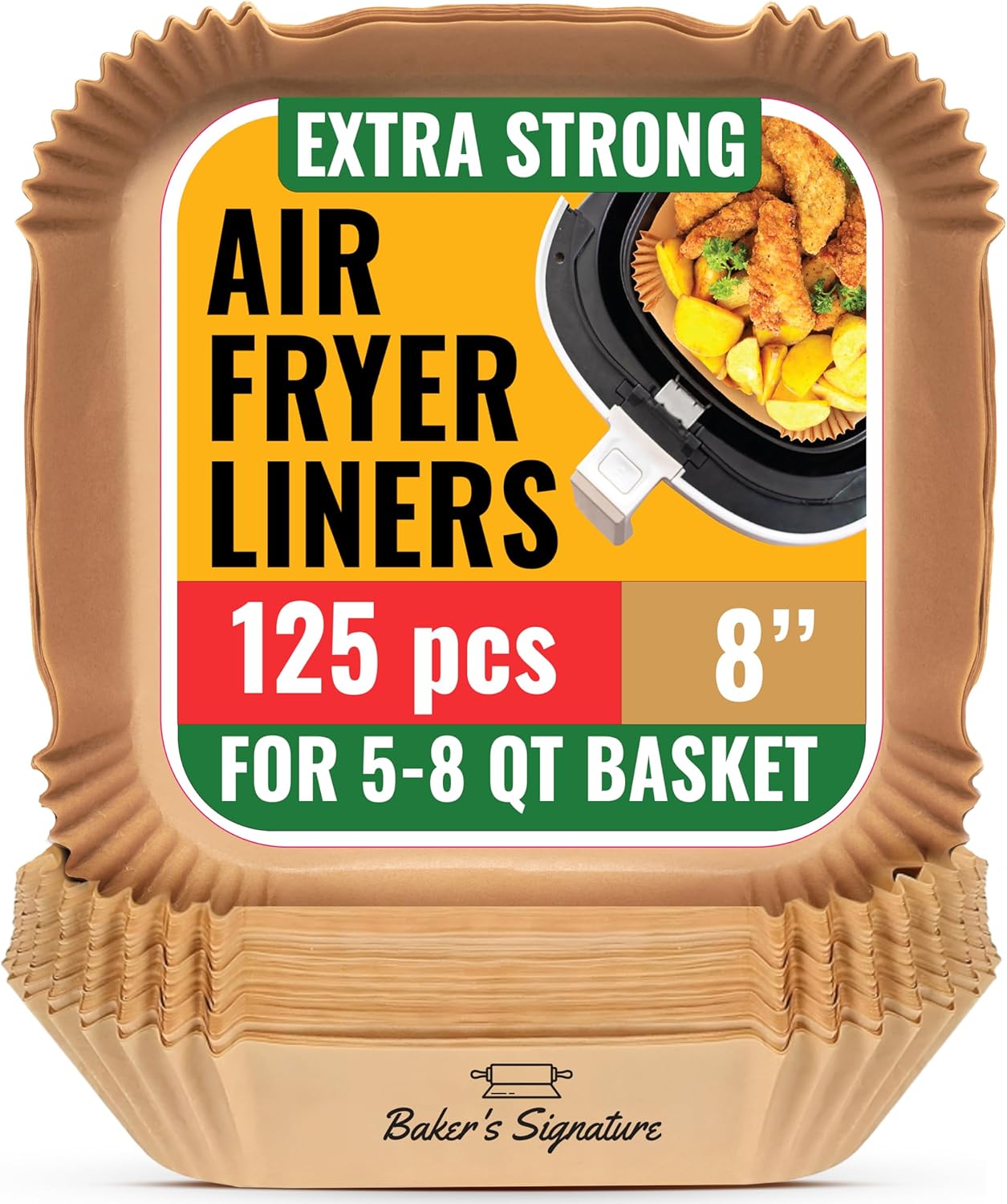Baker's Signature Air Fryer Liners 125PCS Disposable Parchment Paper 8 Inch Square Non-Stick Oil Proof Sheets for 5–8 QT Air Fryer, Oven & Microwave Use - PuriLite