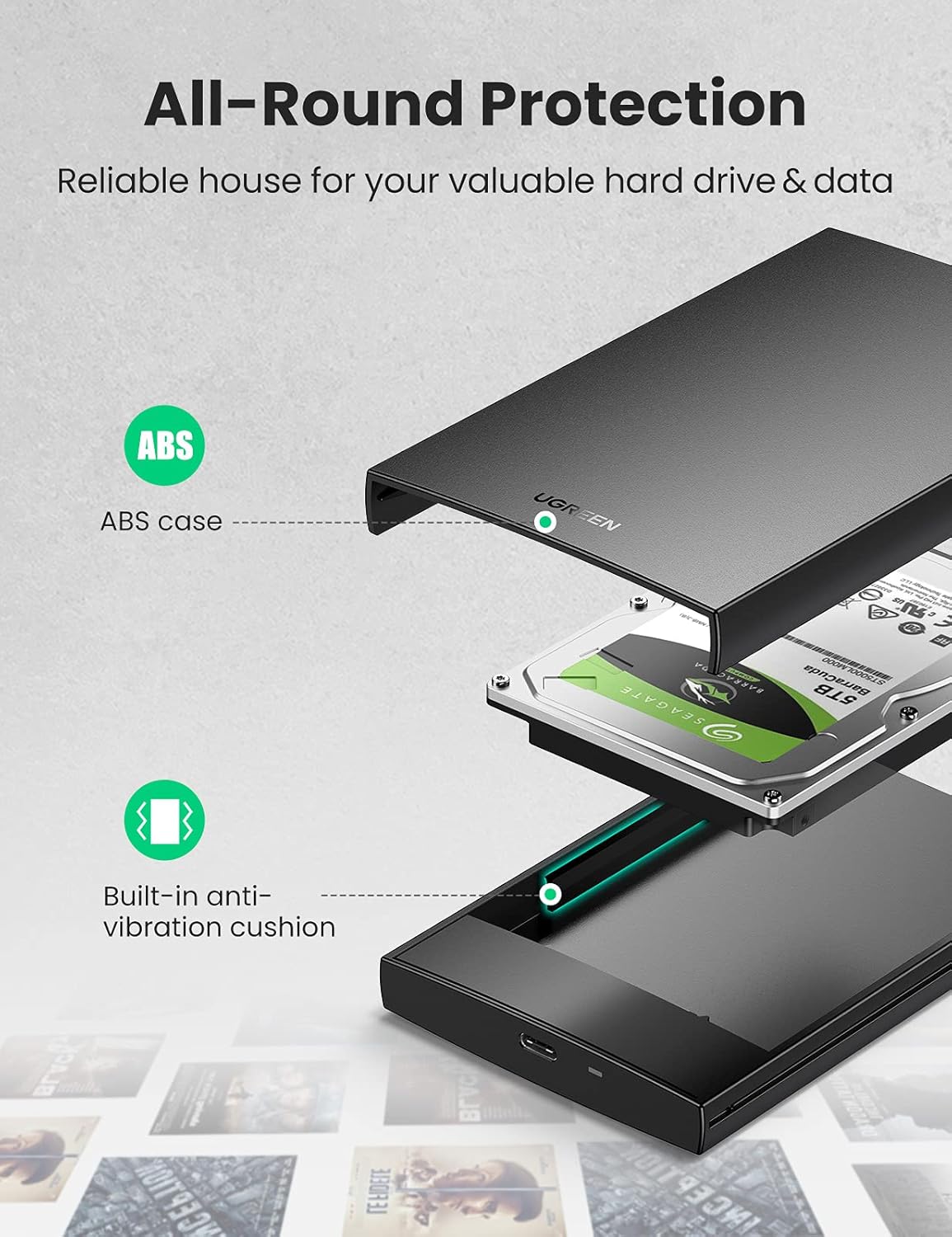 UGREEN USB C Hard Drive Enclosure USB C 3.1 Gen 2 SSD HDD Enclosure for 2.5 Inch SATA III II I SSD HDD Up to 10TB, Support UASP 6Gbps Compatible with WD Seagate, USB C to C Cable Include, Tool Free