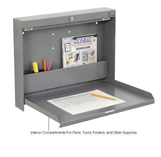 Global Industrial™ Wall Mounted Fold Down Shop Desk, 20"W x 3-3/8"D, Gray