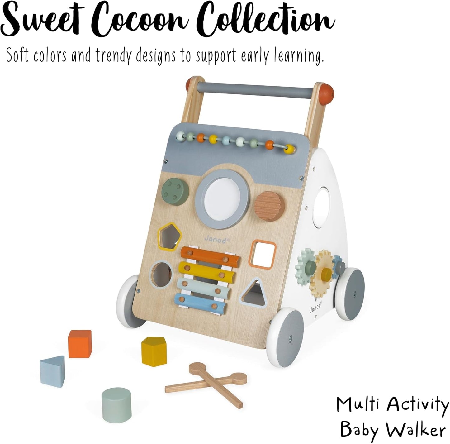 Janod - Sweet Cocoon Multi-Activity Baby Walker - Wooden Trolley - Multiple Sorting Shapes - For Babies and Toddlers - From 12 Months - Multilingual - J04410. - PuriLite