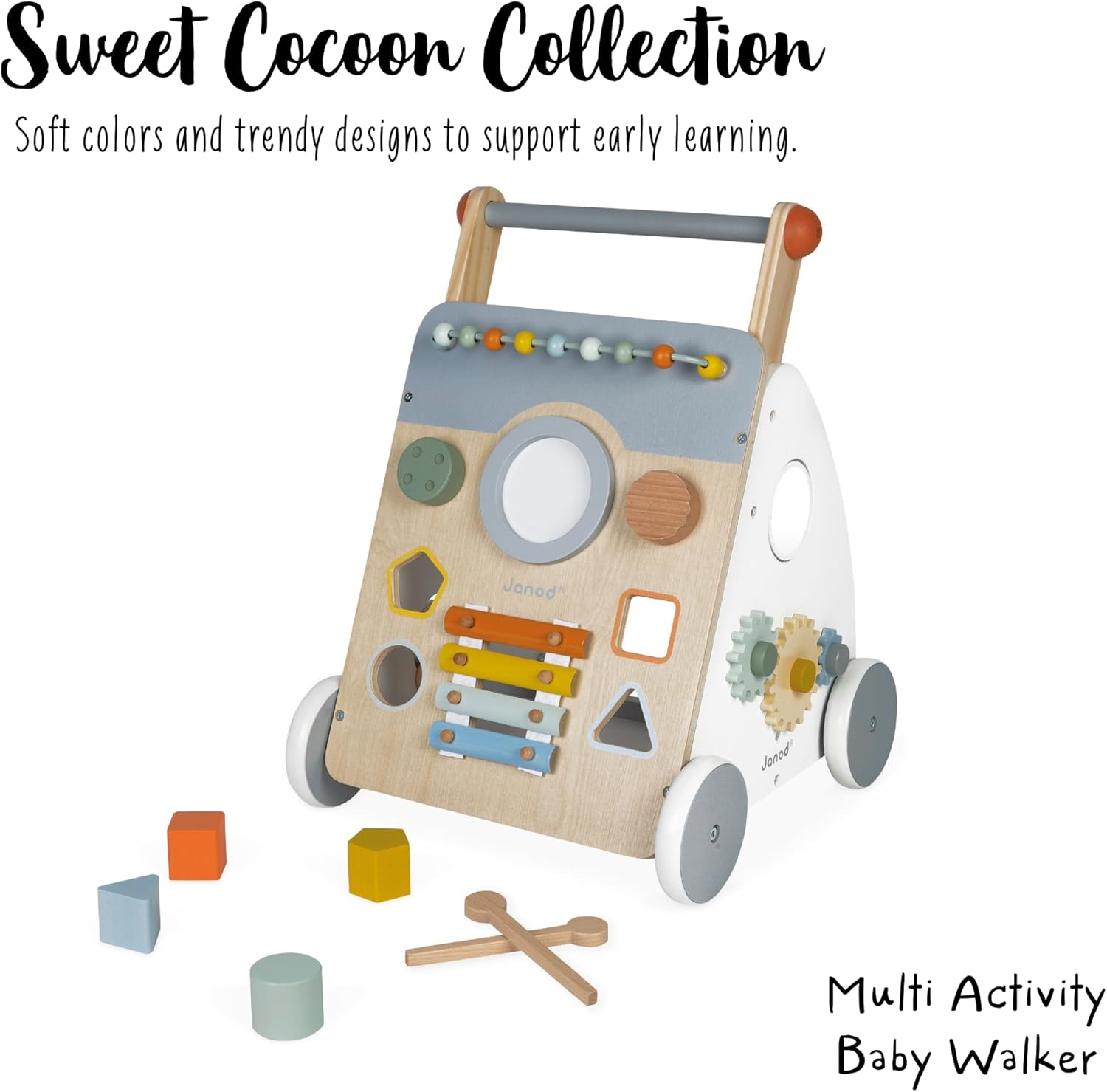 Janod - Sweet Cocoon Multi-Activity Baby Walker - Wooden Trolley - Multiple Sorting Shapes - For Babies and Toddlers - From 12 Months - Multilingual - J04410. - PuriLite