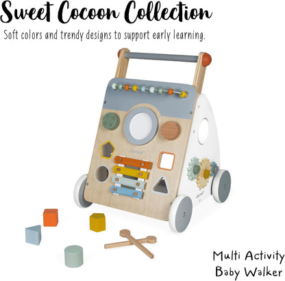 Janod - Sweet Cocoon Multi-Activity Baby Walker - Wooden Trolley - Multiple Sorting Shapes - For Babies and Toddlers - From 12 Months - Multilingual - J04410. - PuriLite
