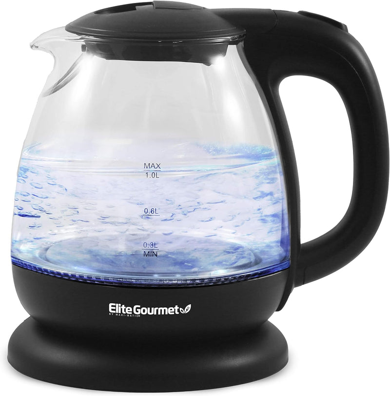 Elite Gourmet EKT1001 Electric BPA-Free Glass Kettle, Cordless 360° Base, Stylish Blue LED Interior, Handy Auto Shut-Off Function – Quickly Boil Water For Tea & More, Black, 1L