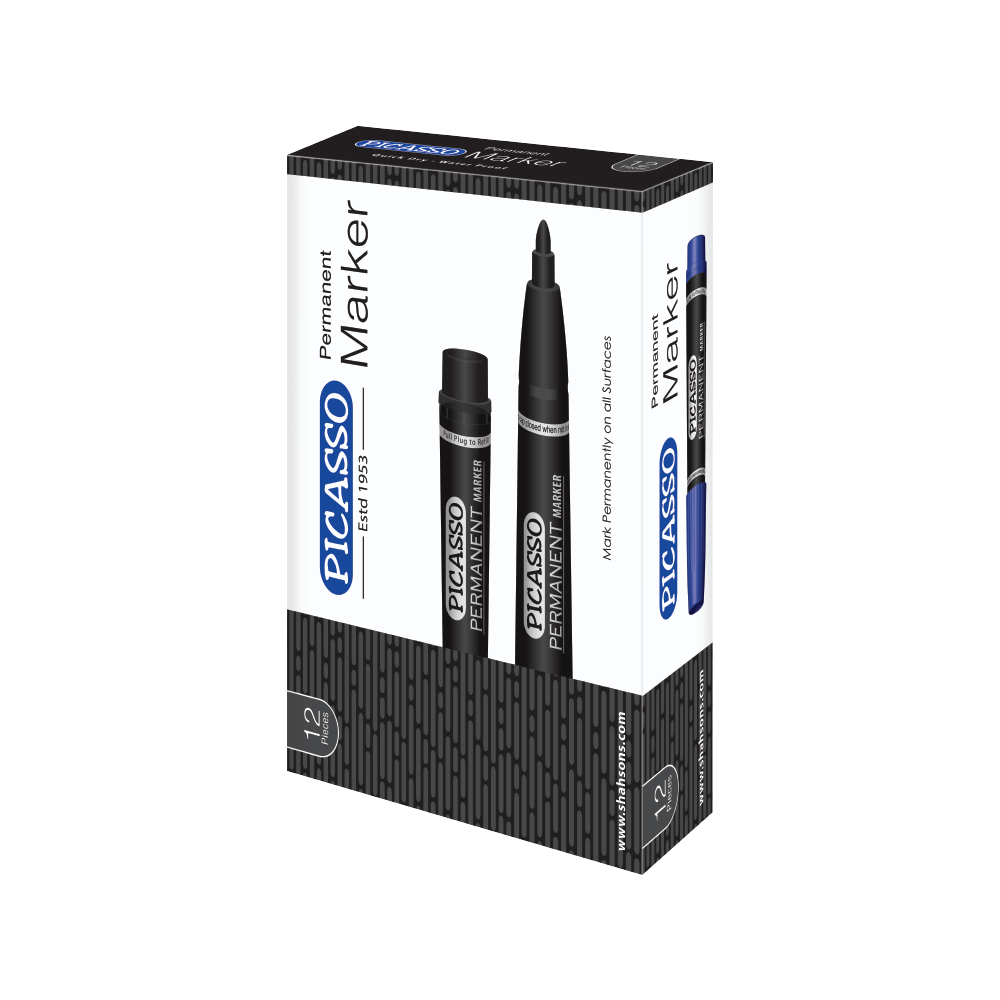 Picasso High Quality Permanent Marker 12 Pcs in Cardboard Box - Available in 4 Ink Colours Blue, Black Red and Green - PuriLite