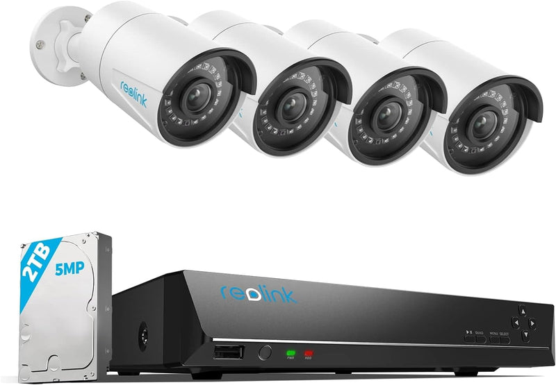 REOLINK 8CH 5MP PoE Home Security Camera System, 4pcs Wired 5MP Outdoor PoE IP Cameras with Person Vehicle Detection, 4K 8CH NVR with 2TB HDD for 24-7 Recording, RLK8-410B4-5MP