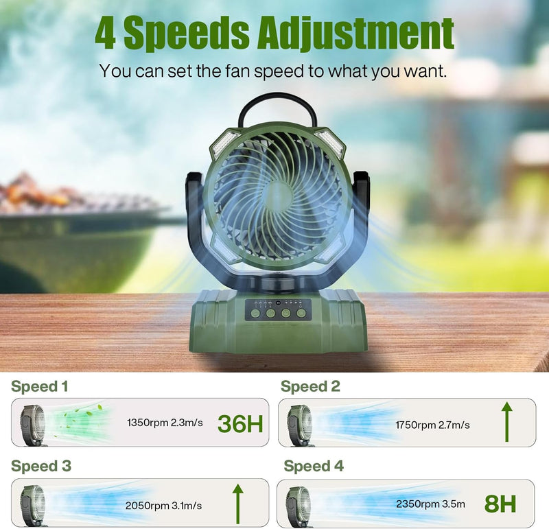 Camping Fan with LED Light, 10000mAh Rechargeable Battery, 4 Speeds & Timers - Portable Desk Fan with Remote Control for Camping, Emergency, Jobsite (Green)