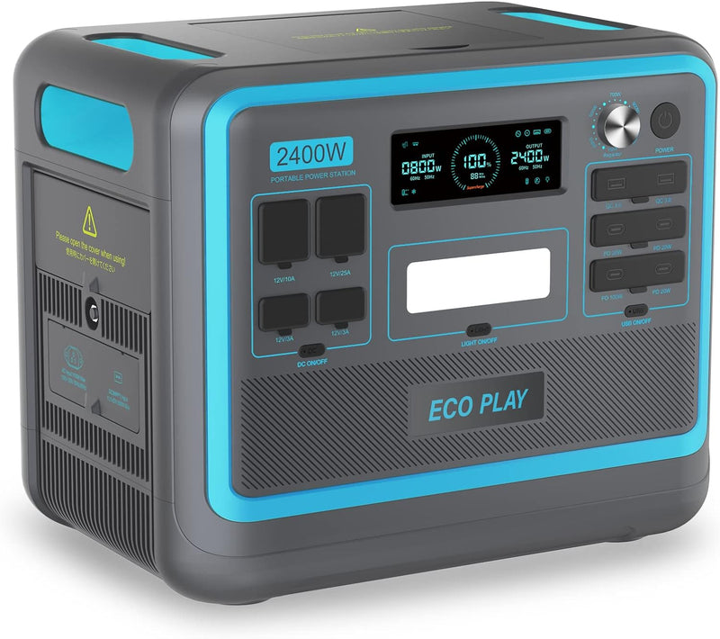 Eco Play SYD2400 Portable Power Station 2400W, 2048Wh LiFePO4 Battery Backup Supply, 1.8H Fast Charging, Variable Input Power, 4000+ Cycle Time, Solar Generator for Camping, RV, Home, Emergency