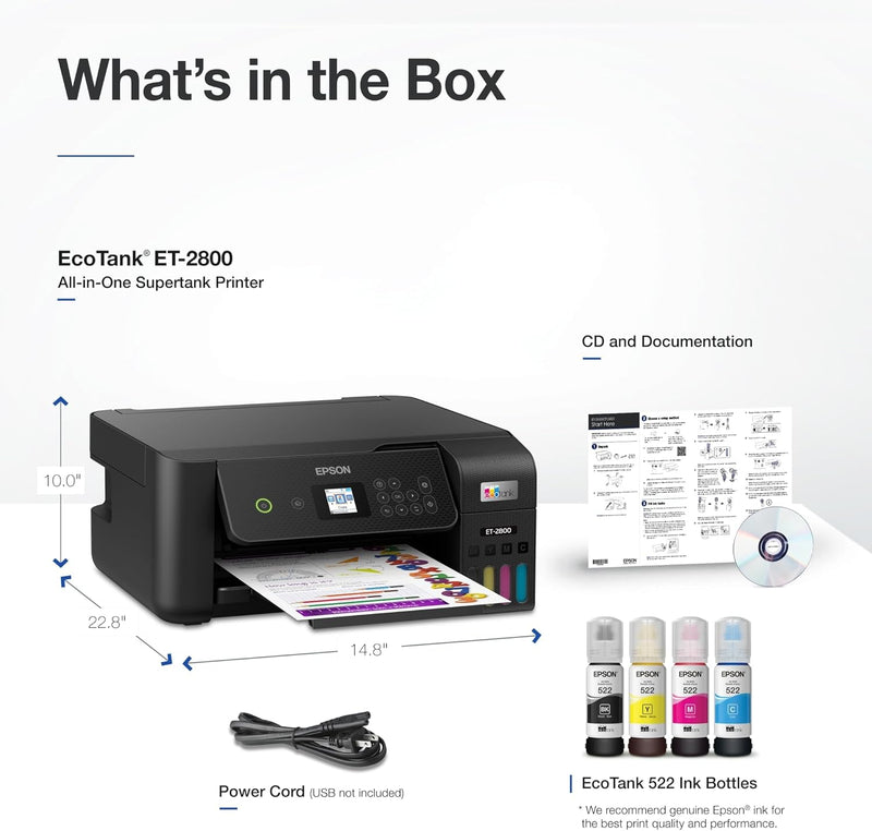 Epson EcoTank ET-2800 Wireless Color All-in-One Cartridge-Free Supertank Printer with Scan and Copy – The Ideal Basic Home Printer - Black