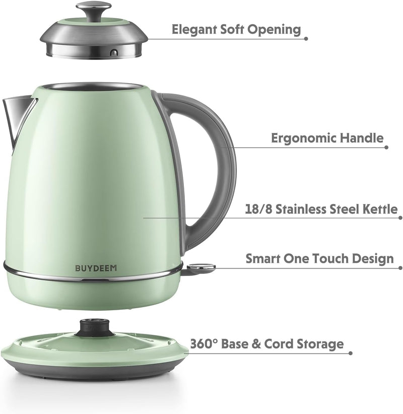 BUYDEEM K640 Stainless Steel Electric Tea Kettle with Auto Shut-Off and Boil Dry Protection, 1.7 Liter Cordless Hot Water Boiler with Swivel Base, 1440W (Cozy Greenish)