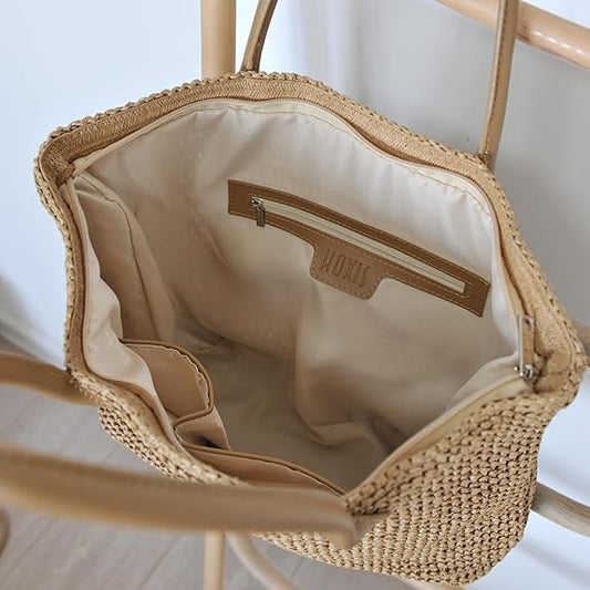 HOXIS Weekender Lightweight Synthetic Straw Shopper Tote Womens Shoulder Handbag