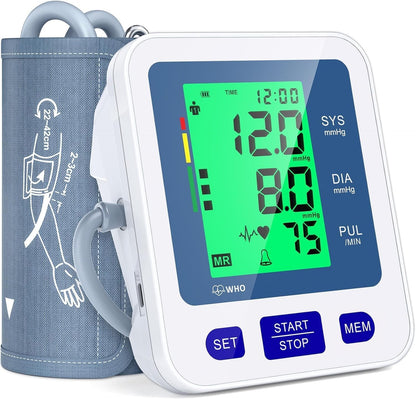 Blood Pressure Monitor for Home Use, Automatic Blood Pressure Machine with 3-Color Backlit Hypertension Display, 2x99 Memory with Upper Arm Large Cuff 22-42cm