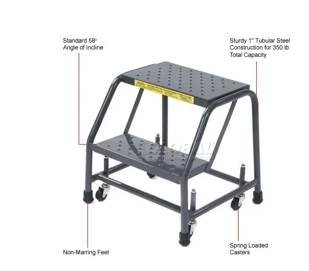 Perforated 16"W 2 Step Steel Rolling Ladder 10"D Top Step - 218P - PuriLite