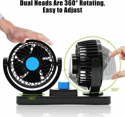 Itian 360° Rotating Double Mini Electric Car Fan - Dual Head Clip Fan for Car, SUV, RV, Boat, Adjustable Speeds, Includes Adhesive Stickers