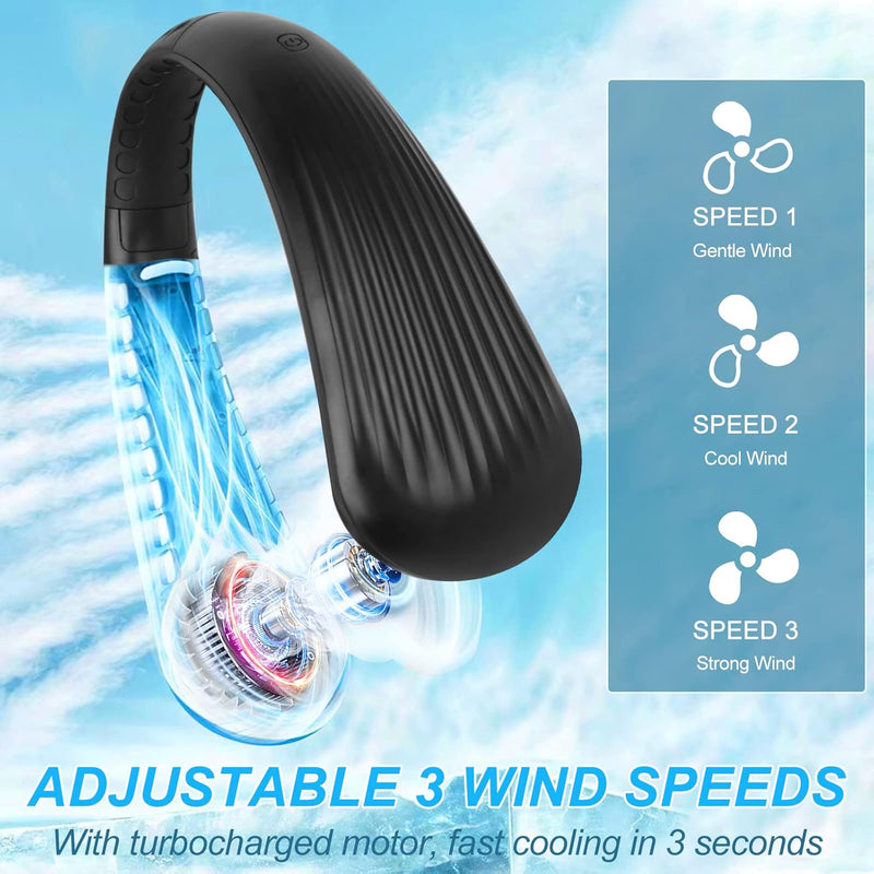 Portable Bladeless Neck Fan - Hands-Free Wearable Personal Fan with 3000mAh Battery, 3 Adjustable Speeds, USB Rechargeable for Men and Women (Black)