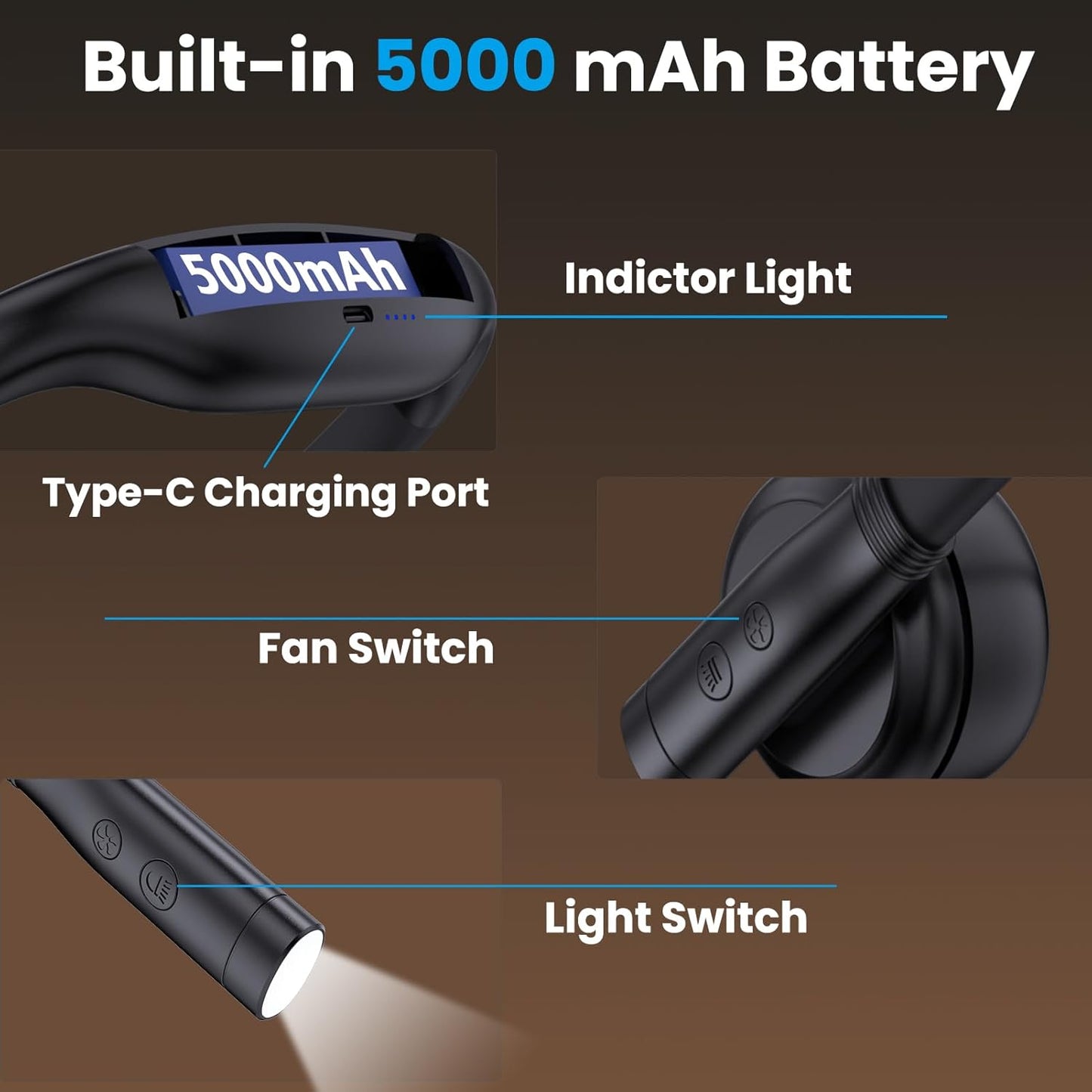 Neck Fan - Portable Rechargeable Bladeless Fan with 5000mAh Battery, Removable Personal Fan, 3-in-1 Design with Reading Light, Ideal for Travel, Camping, and Bedtime Reading (Black)