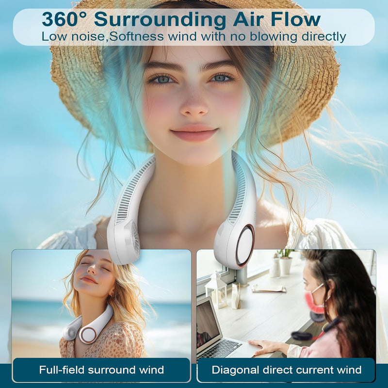 CIVPOWER Neck Fan - Portable Personal Bladeless Cooling Fan, Hands-Free Wearable Design, 3 Speeds, 4000mAh USB Rechargeable Battery for Men & Women (White)