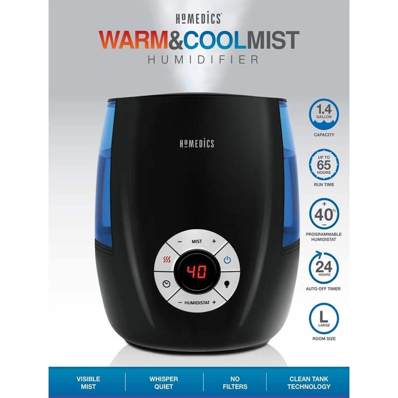 HoMedics - Warm & Cool Mist Ultrasonic Humidifier - 1.4 Gallon - 65-Hour Runtime - Digital Display - PuriLite