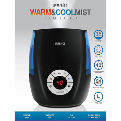HoMedics - Warm & Cool Mist Ultrasonic Humidifier - 1.4 Gallon - 65-Hour Runtime - Digital Display - PuriLite