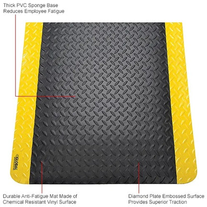 Global Industrial™ Diamond Plate Anti Fatigue Mat, 15/16" Thick, 2'W x 3'L, Black/Yellow Border