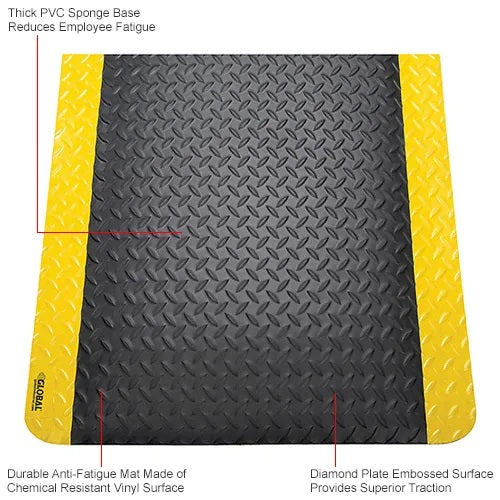 Global Industrial™ Diamond Plate Anti Fatigue Mat, 15/16" Thick, 2'W x 3'L, Black/Yellow Border