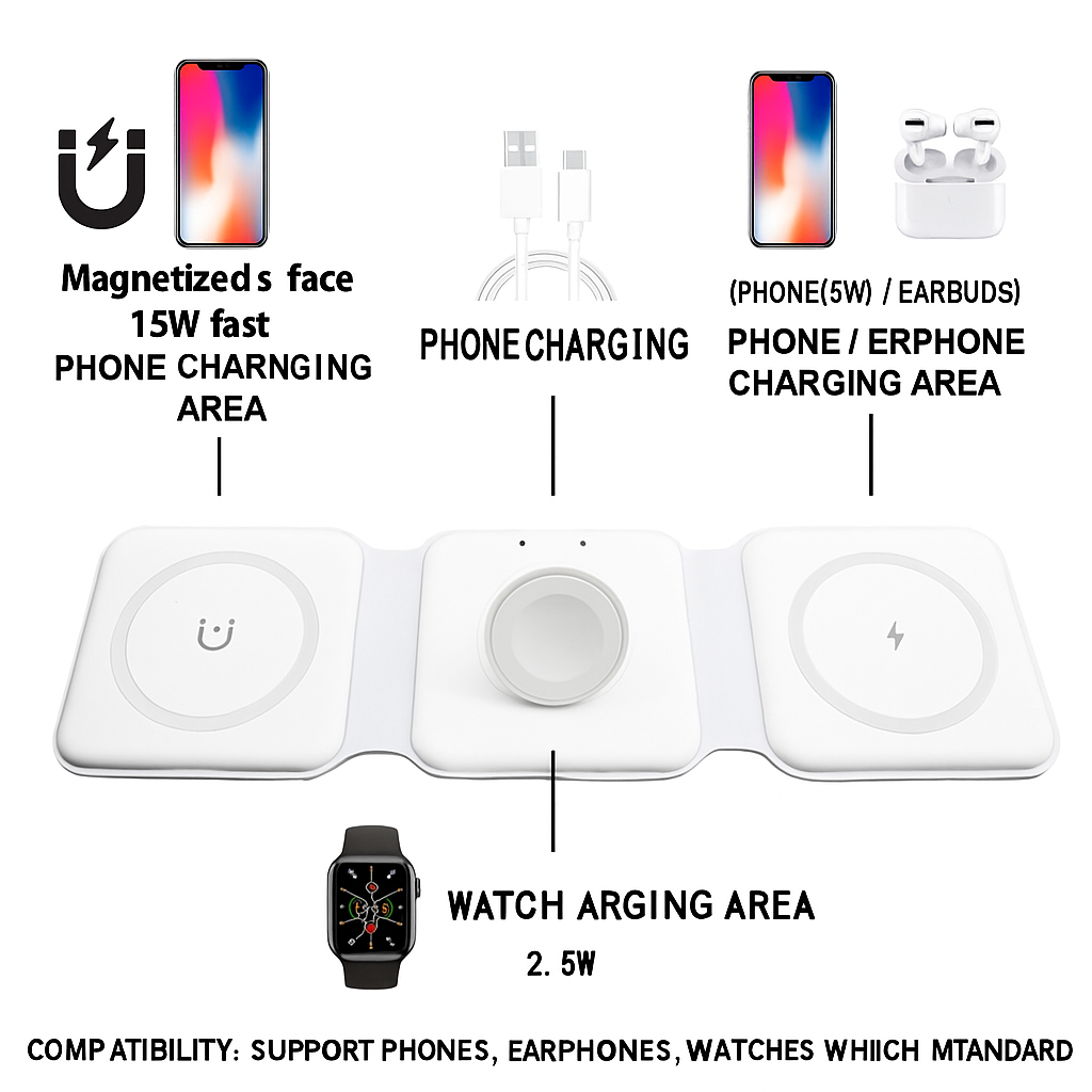 3-in-1 Wireless Charging Station – Fast Charger Dock for Phone, Smartwatch & Earbuds