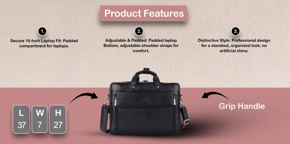 Hammonds LB150 Premium Cow Leather Laptop Bag for Men | Genuine Cow Leather Office Bag | 16-Inch Business Laptop Bag | Professional Work Bag | Corporate Gift Bag - PuriLite
