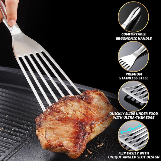 Fish Spatula Stainless Steel Combo, 1 Large Fish Turner Spatula + 1 Small Griddle Spatula, Metal Spatula for Kitchen Use, Slotted Spatulas, Frying Spatula with Thin Edge Ideal for Turning & Flipping - PuriLite