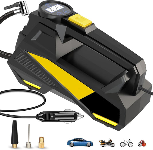 Portable Tire Inflator Air Compressor, Auto Pump 150PSI 12V DC with LED Digital Pressure Indicator and Emergency Light for Car Tires Motorcycles Bicycles