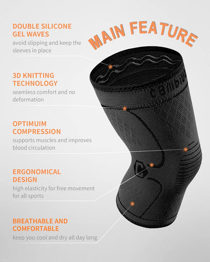 CAMBIVO Knee Brace Support(2 Pack), Knee Compression Sleeve for Running, Hiking, Basketball, Arthritis, Meniscus Tear, Knee Pain Relief and Injury Recovery