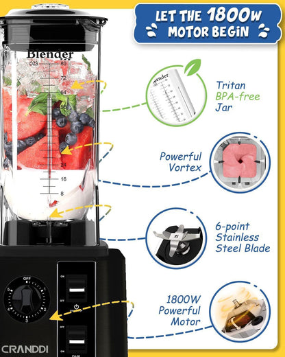 CRANDDI Professional High-Speed Blender 1800W, 80oz for Home and Commercial Use, Blending Ice Cream, Frozen Dessert, Shakes and Smoothies Maker, Built-in Pulse, Self-Cleaning, K95 (Black)