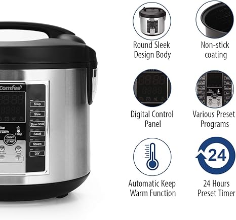 COMFEE' Rice Cooker, Multi Cooker, Stewpot, Saute All in One, 10 Cup Uncooked, 12 Digital Cooking Programs,24 Hours Preset