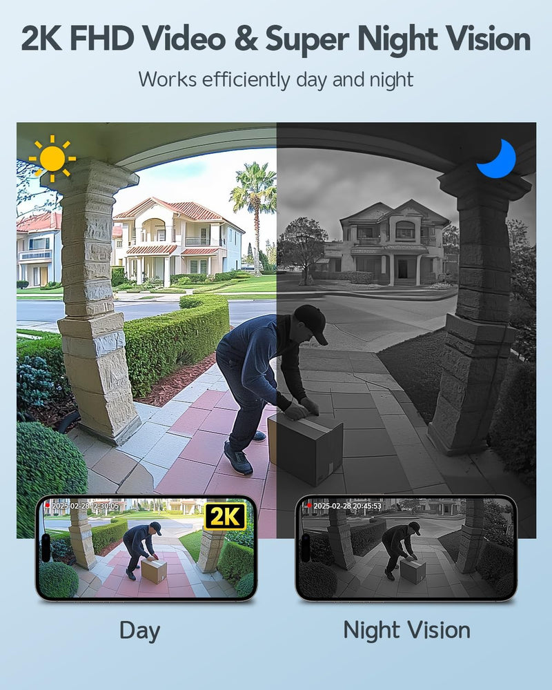 XTU Doorbell Camera Wireless Outdoor with Chime, 180° Head-to-Toe Pano View, 2K 3MP Video Doorbell No Subscription, 2.4GHz WiFi, Cloud/SD Storage, Work with Alexa & Google Assistant