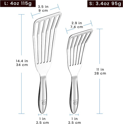 Fish Spatula Stainless Steel Combo, 1 Large Fish Turner Spatula + 1 Small Griddle Spatula, Metal Spatula for Kitchen Use, Slotted Spatulas, Frying Spatula with Thin Edge Ideal for Turning & Flipping