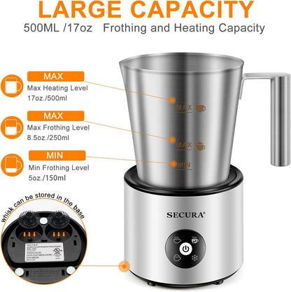 Secura Automatic Milk Frother, 4-in-1 Electric Milk Steamer, 17oz Detachable Hot/Cold Foam Maker, Milk Warmer for Latte, Cappuccinos, Macchiato, Hot Chocolate, with Silicone Spatula & 2 Whisks - PuriLite