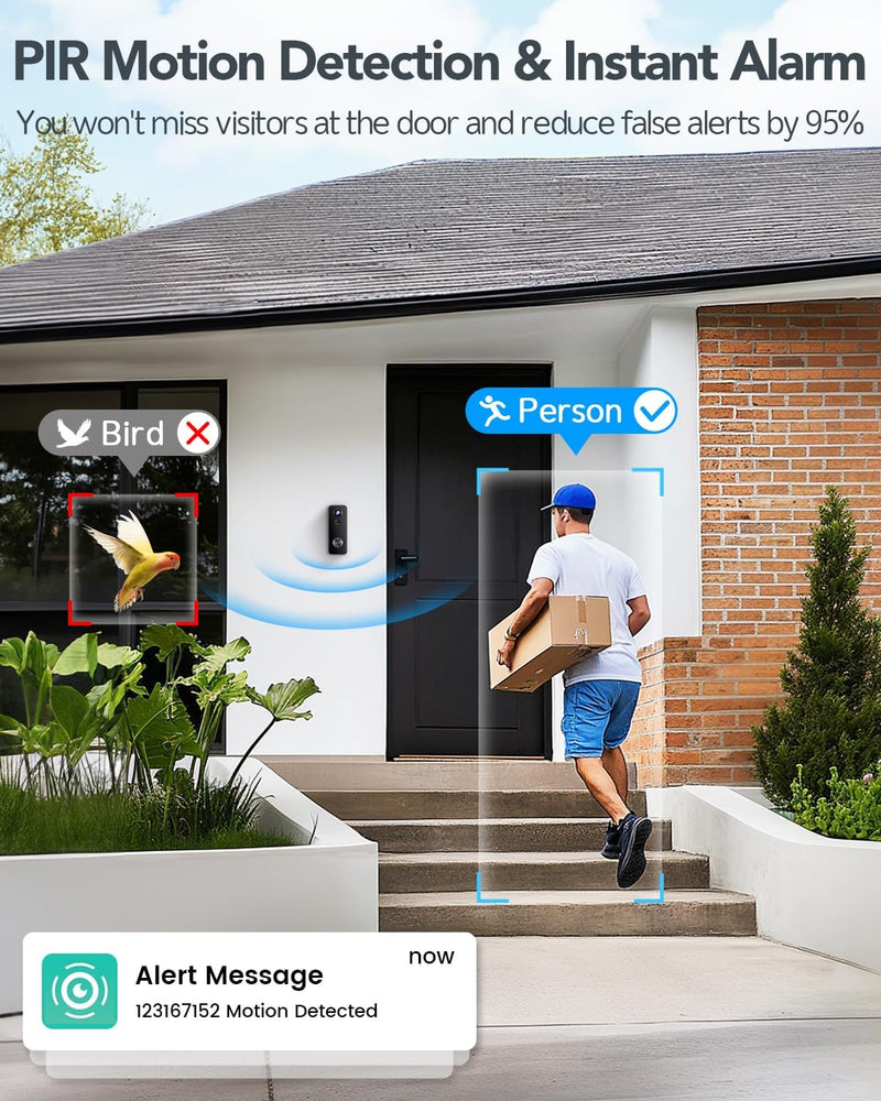 XTU Doorbell Camera Wireless Outdoor with Chime, 180° Head-to-Toe Pano View, 2K 3MP Video Doorbell No Subscription, 2.4GHz WiFi, Cloud/SD Storage, Work with Alexa & Google Assistant