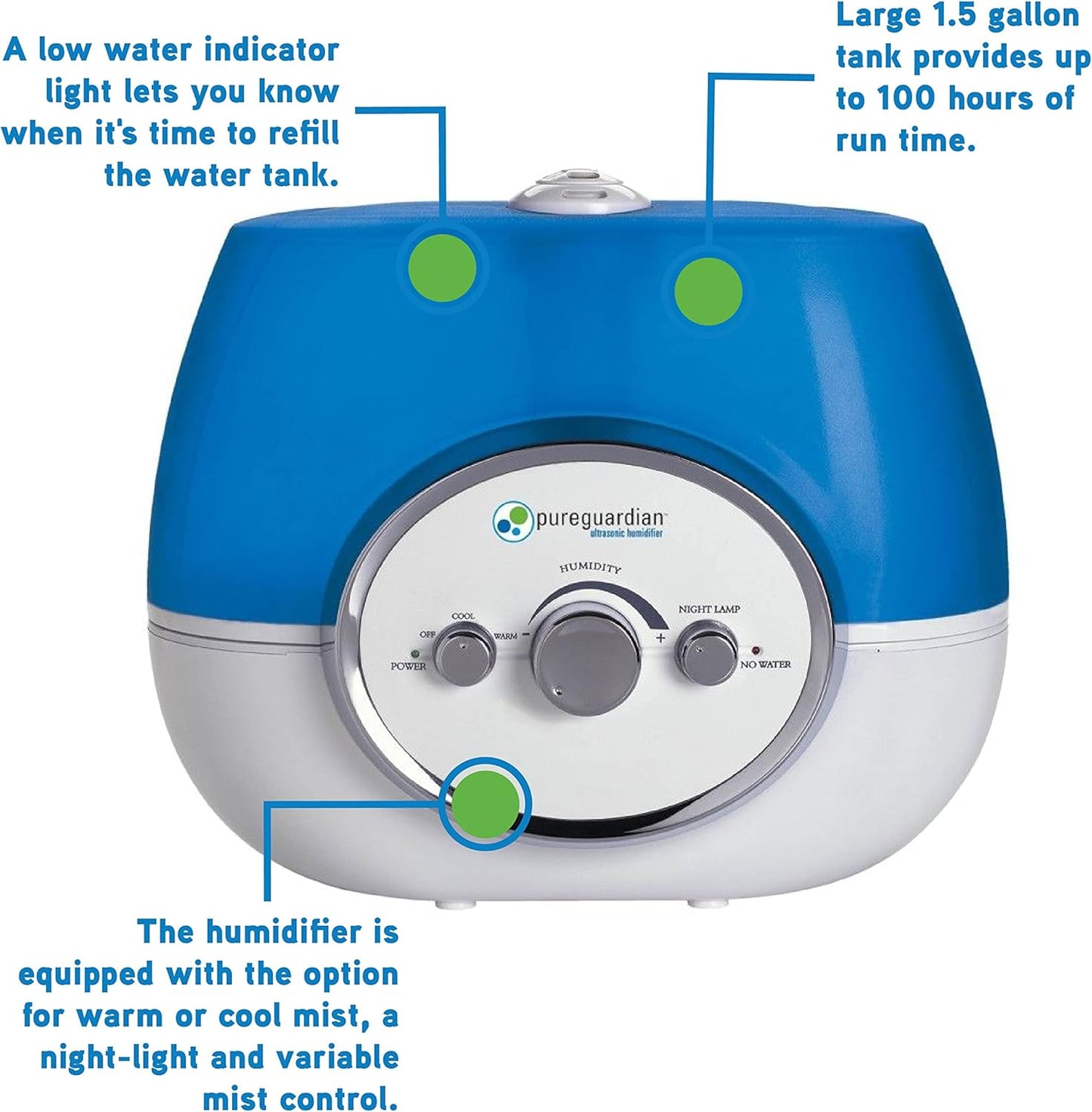PureGuardian H1510 Ultrasonic Warm and Cool Mist Humidifier for Bedrooms, Quiet, Filter-Free, 11L Output Up to 100 Hour Run Time, 1.5 Gallon Treated Tank Reduces Mold, Pure Guardian Room Humidifier, White and Blue, 1 pack