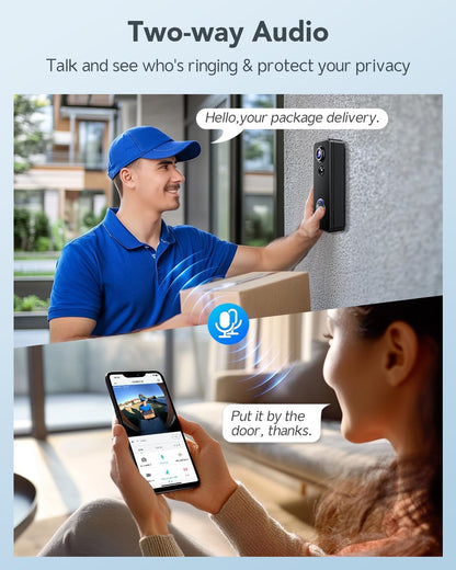 XTU Doorbell Camera Wireless Outdoor with Chime, 180° Head-to-Toe Pano View, 2K 3MP Video Doorbell No Subscription, 2.4GHz WiFi, Cloud/SD Storage, Work with Alexa & Google Assistant
