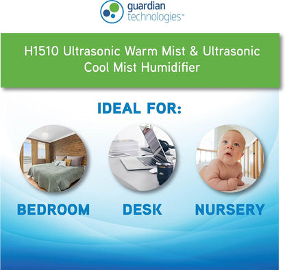 PureGuardian H1510 Ultrasonic Warm and Cool Mist Humidifier for Bedrooms, Quiet, Filter-Free, 11L Output Up to 100 Hour Run Time, 1.5 Gallon Treated Tank Reduces Mold, Pure Guardian Room Humidifier, White and Blue, 1 pack