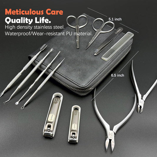 LYGA Nail Clipper Set 12 Pcs with Leather Case, Manicure Set for Men/Women, Quality Pedicure Kit, Quality Gift., Black - PuriLite